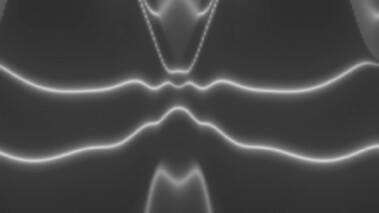 Farbliche Darstellung einer elektronischen Bandstruktur mit Energieniveaus und Übergängen.